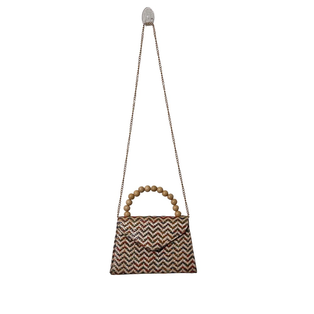 Woven Chevron Crossbody Bag Small Multi Color‎ Boho Wood Bead Handle Casual